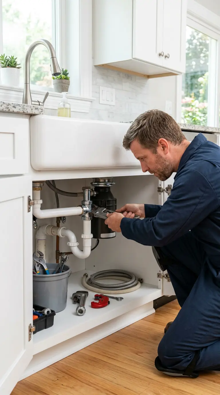 A professional plumber in a navy uniform repairing pipes under a kitchen sink